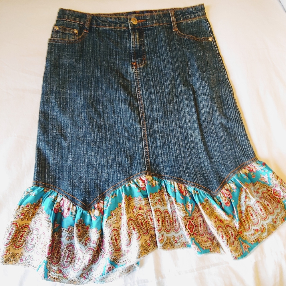 Vintage Denim Skirt with Ruffle, Sz 30